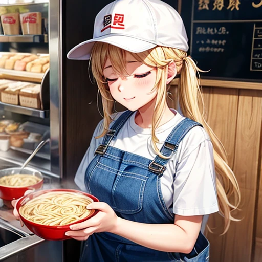 A woman making udon noodles　Eyes closed　Overalls　Blonde　Food truck　Wearing a cap