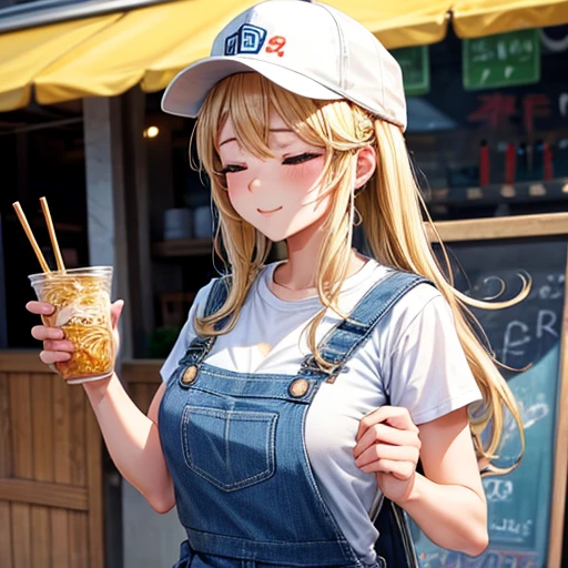 A woman making udon noodles　Eyes closed　Overalls　Blonde　Food truck　Wearing a cap