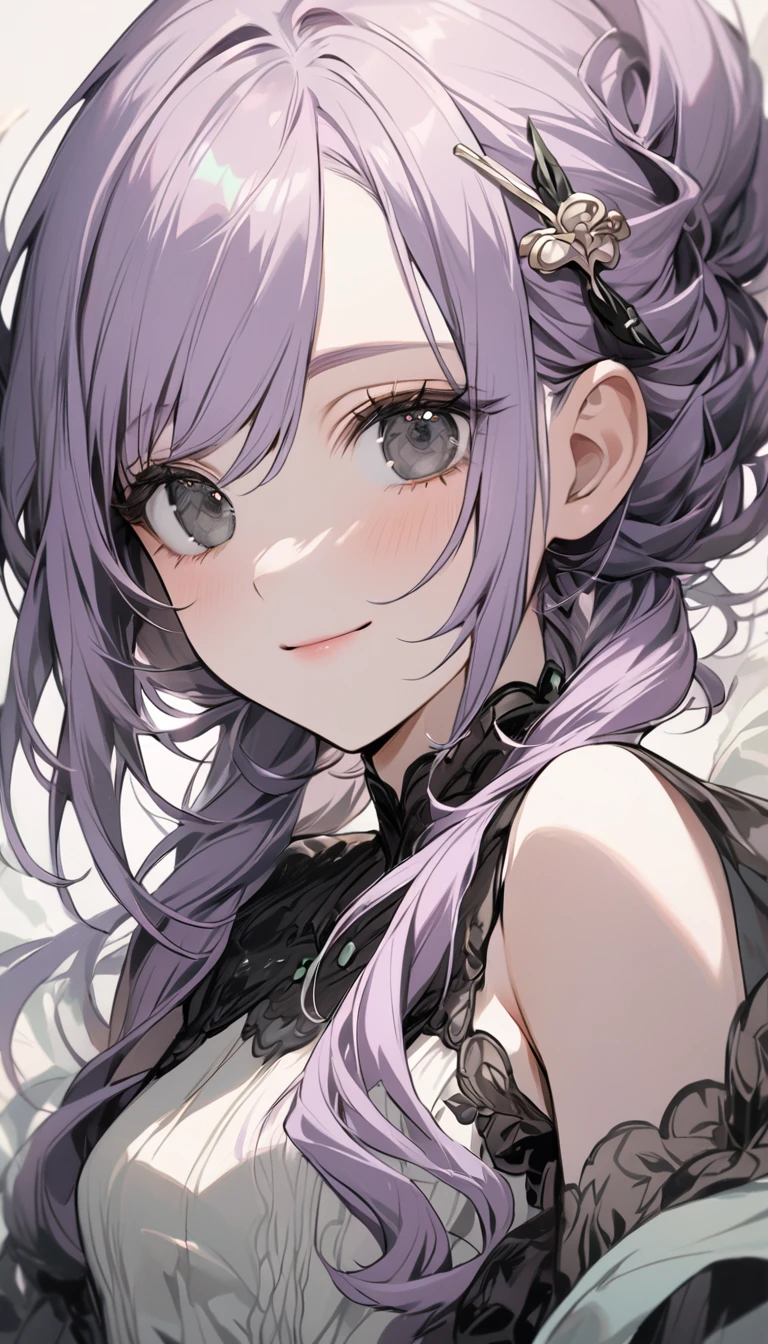 (Cute a girl:1.5), (a girl with closs hair pin,pale purple hair,bluntbangs hair,green and black eyes, a girl is wearing a white smiling mask with only her eyes visible,, portrait, look at viewer:1.4), (masterpiece:1.3), anime visual, (Lovey-dovey:1.5), (tilt head:1.3), extremely delicate face, soft clean focus, realistic lighting and shading, (an extremely delicate and beautiful art:1.3), elegant, (muted colors:1.1), small breast,