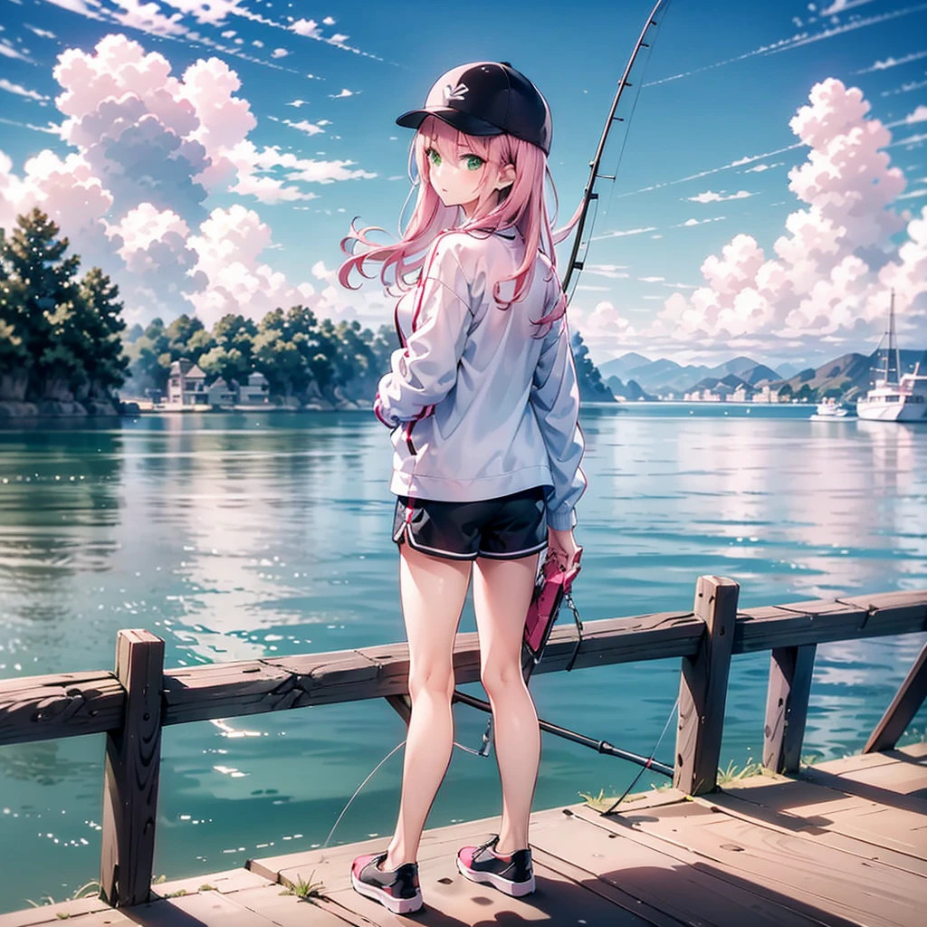 One girl, fish, Pink Hair, Long Hair, shirt, Have, Jacket, Shorts, white shirt, Outdoor, Green Eyes, Holding, alone, black Shorts, null, Day, Black Hat, fishing rod, open Jacket, black Jacket, Open clothes, green null, Cowboy Shot, Baseball cap, bangs, short Shorts, Long sleeve, fishing, Hair between the eyes, cloud, Holding fishing rod, Are standing, Breakwater, Nice hands, Perfect hands, Sit by the embankment, Beauty professional photography [Silver|green]Hair wear suit walking down the street