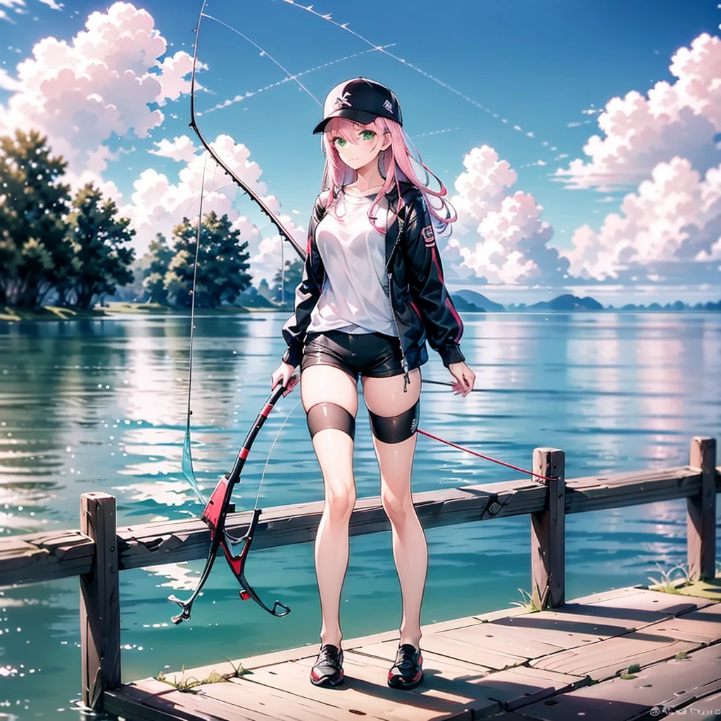 One girl, fish, Pink Hair, Long Hair, shirt, Have, Jacket, Shorts, white shirt, Outdoor, Green Eyes, Holding, alone, black Shorts, null, Day, Black Hat, fishing rod, open Jacket, black Jacket, Open clothes, green null, Cowboy Shot, Baseball cap, bangs, short Shorts, Long sleeve, fishing, Hair between the eyes, cloud, Holding fishing rod, Are standing, Breakwater, Nice hands, Perfect hands, Sit by the embankment, Beauty professional photography [Silver|green]Hair wear suit walking down the street