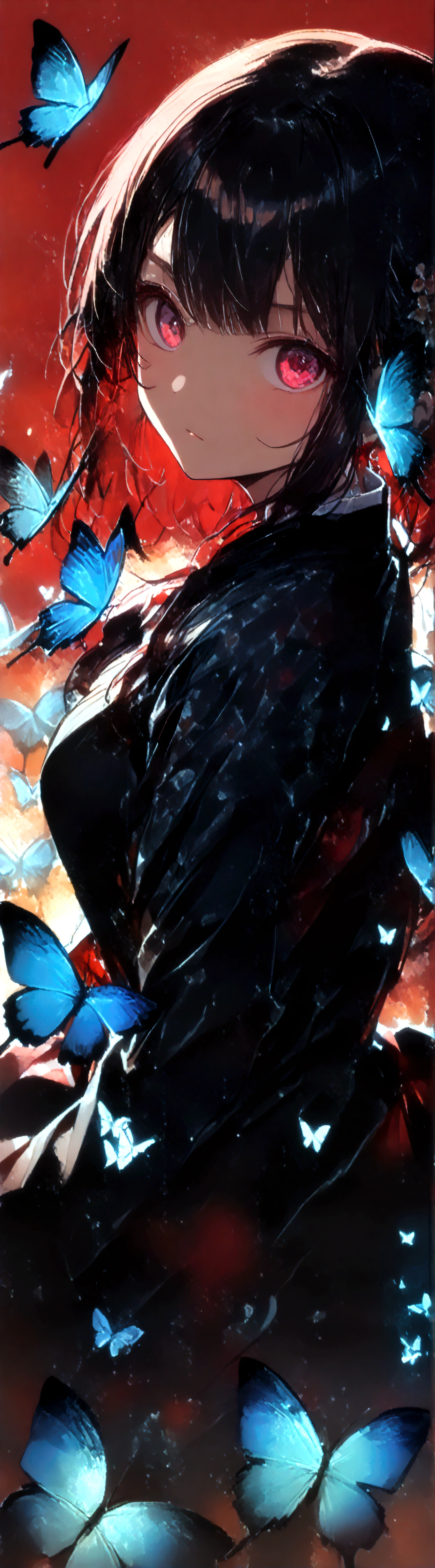 (((Enma Ai)))(())((female))((( 地獄少female)))((Long Black Hair))( ((Dark red eyes)))((( A black kimono with a blue butterfly pattern)))(((Background sunset red moon))((Background Higan Flower))))