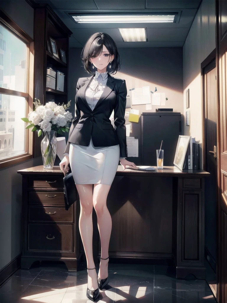 absurdres, RAW photo, extremely delicate and beautiful, masterpiece, Best Quality, ultra high resolution, 32k, hyperrealistic, ultra-detailed, in her 20s, delicate facial features, tearful mole, earring, medium breasts, ((full body shot)), shorter middle hair, black hair, ((office lady suit)), blazer,