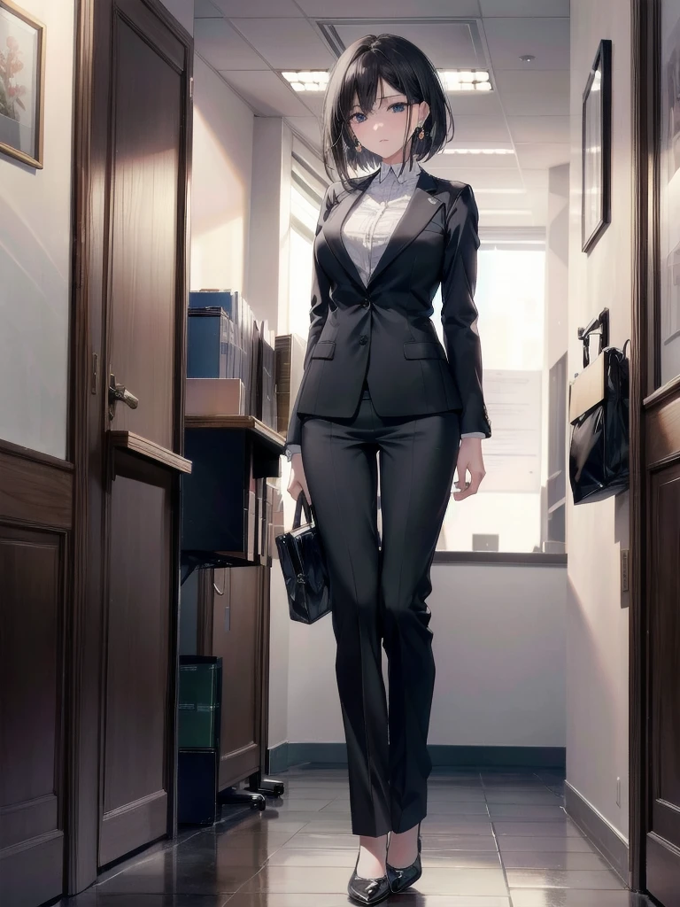 absurdres, RAW photo, extremely delicate and beautiful, masterpiece, Best Quality, ultra high resolution, 32k, hyperrealistic, ultra-detailed, in her 20s, delicate facial features, tearful mole, earring, medium breasts, ((full body shot)), shorter middle hair, black hair, ((office lady suit)), blazer,