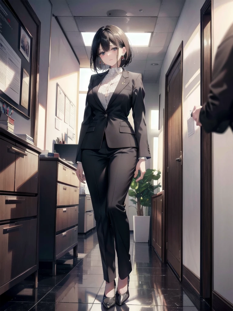 absurdres, RAW photo, extremely delicate and beautiful, masterpiece, Best Quality, ultra high resolution, 32k, hyperrealistic, ultra-detailed, in her 20s, delicate facial features, tearful mole, earring, medium breasts, ((full body shot)), shorter middle hair, black hair, ((office lady suit)), blazer,