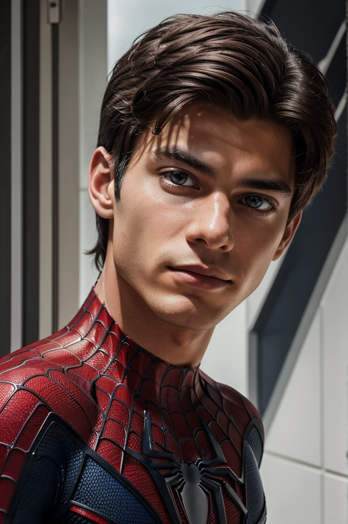 A photograph of spider man, no mask, 20 yo, handsome, detailed face, looking at camera, portrait, 8k uhd, high quality