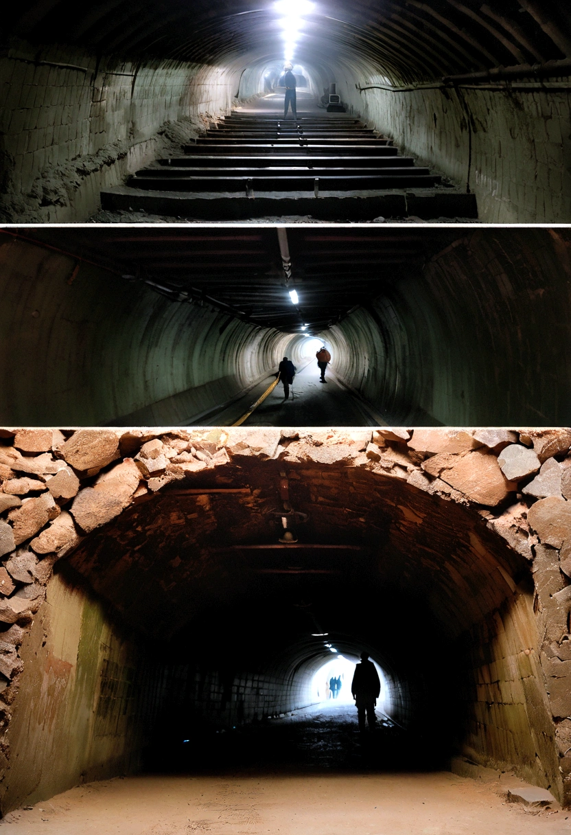 two men stand in a tunnel with stairs, inside the tunnel, underground tunnel, photo taken in 2 0 2 0, The photo shows a large, Underground structure, underground stage, Train in the tunnel, Tunnels lead to different worlds, photo taken in 2 0 2 0, tunnel with high walls, deep underground, Tunnels, photo taken in 2018