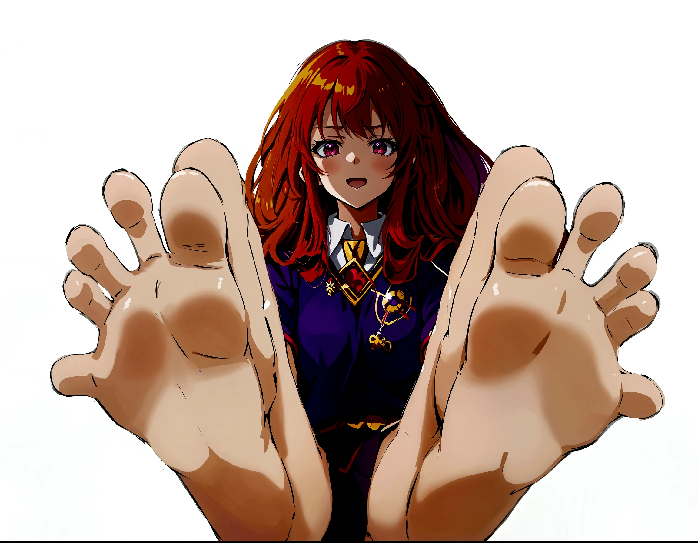 Anime girl with long red hair and purple shirt raising her hands, Hermione, Hermione granger, With index finger, Created by Anime Painter Studio, I also make fan art, Female protagonist 👀 :8, Anime girl crouching, On pixiv, Detailed Anime Character Art, Anime Moe Art Style, Painted in an anime artist's studio, Digital anime art!!, Anime illustration
