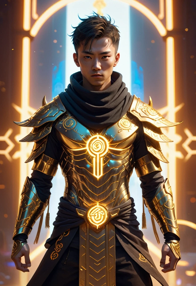 young man dressed in Cowl armor , the glory of the sun god, shining, golden clothing, handsome, gestures forming spells, martial arts and fairy-like vibe, carrying a palace on his back, game character, surrounded by runes, cyberpunk style, neon lights, best quality, 3D rendering, bird's eye view, 16K, ultra-high definition, high resolution, very detailed, best quality