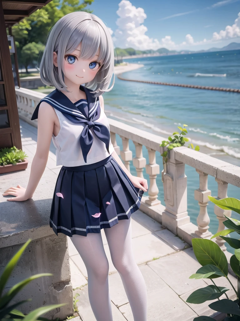 wallpaper, Clear Face, (masterpiece), town, blue sky, One Girl, Put people on the right, smile, alone, Sailor suit、Long skirt, Overgrown, petal, plant、Skirt lining、White slip、nostalgic、pantyhose(gray)、You can see the sea in the distance, Crotch close-up