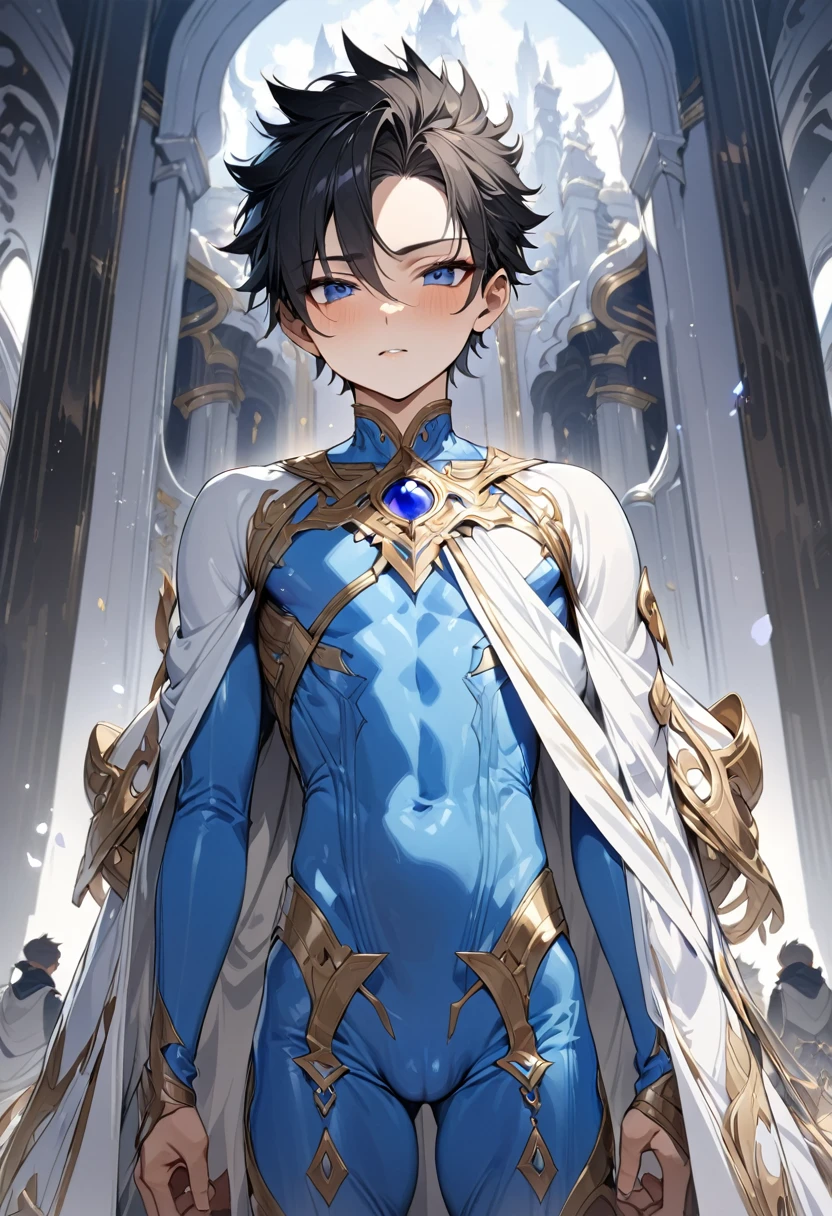 high quality,(best quality,4K,a high resolution,masterpiece:1.2),super detailed,(1 boy),(solo),juvenile,(Male juvenile),handsome and cute boy,black hair, spiked hair,blue bodysuit ,Single photo,the white temple of light,magnificent palace background,Wearing a white cape behind