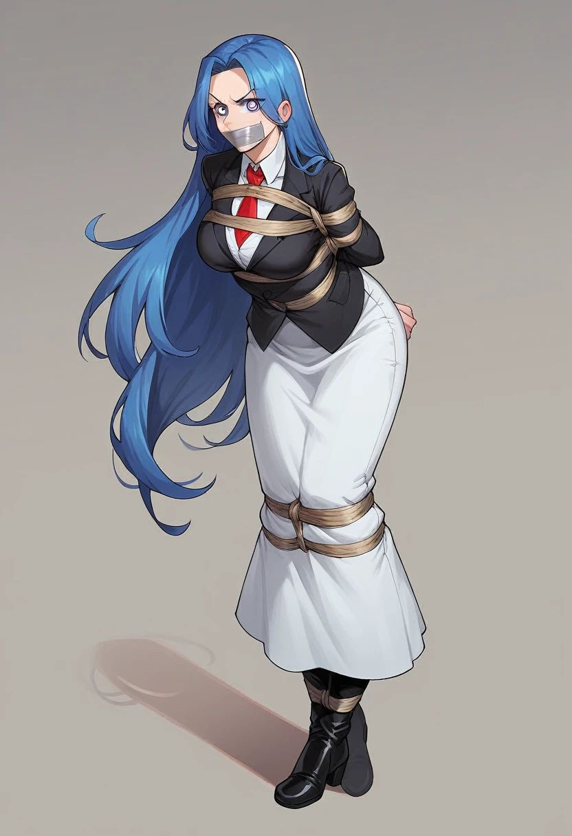 en, (bound with an excessive amount of ropes), (bound wirsts), (arms behind back), (tapegag, tape gag), dramatic, (looking at viewer), (detailed pupils:1.3) ,perfect famale body,The character has distinctive fin-like ears, suggesting a non-human or fantasy origin. She is dressed in a formal outfit consisting of a black blazer, a white shirt, a red tie, and a white skirt that flares out slightly at the bottom. She also wears black boots. The character's expression appears serious or stern, and she is standing ,long skirt, pencil skirt ,long hair,blue hair,smile