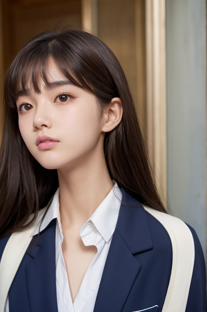 18-year-old、Natural dark brown hair、Medium Hair、Slender、Big brown eyes、Thin lips、Long eyelashes、Navy blue blazer uniform、Light pigmentation、White, translucent skin、Droopy eyes、Tear bags、White swimsuit、Butt sticking out pose