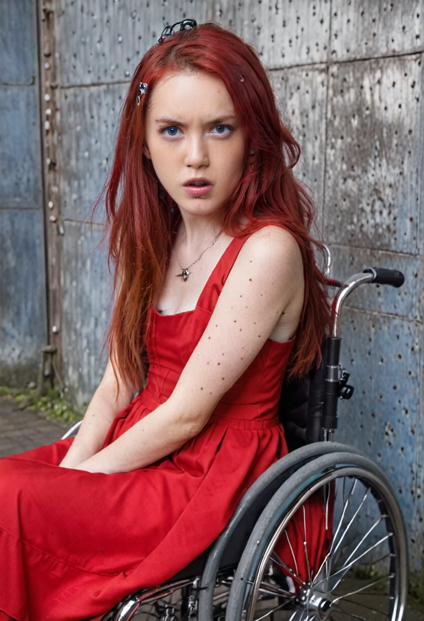 Uhd, photo of Cami, subject: Noriko, 1/2 Japanese 1/2 Hainu skinny girl in 2/00 a large red wheelchair with long red hair, blue+++ eyes, oval face, LGBTQIA+, queer, punk style, wearing red long dress, buttefly hairclip, tattooes.  She is very angry and looks towards the camera.. She is shouting.