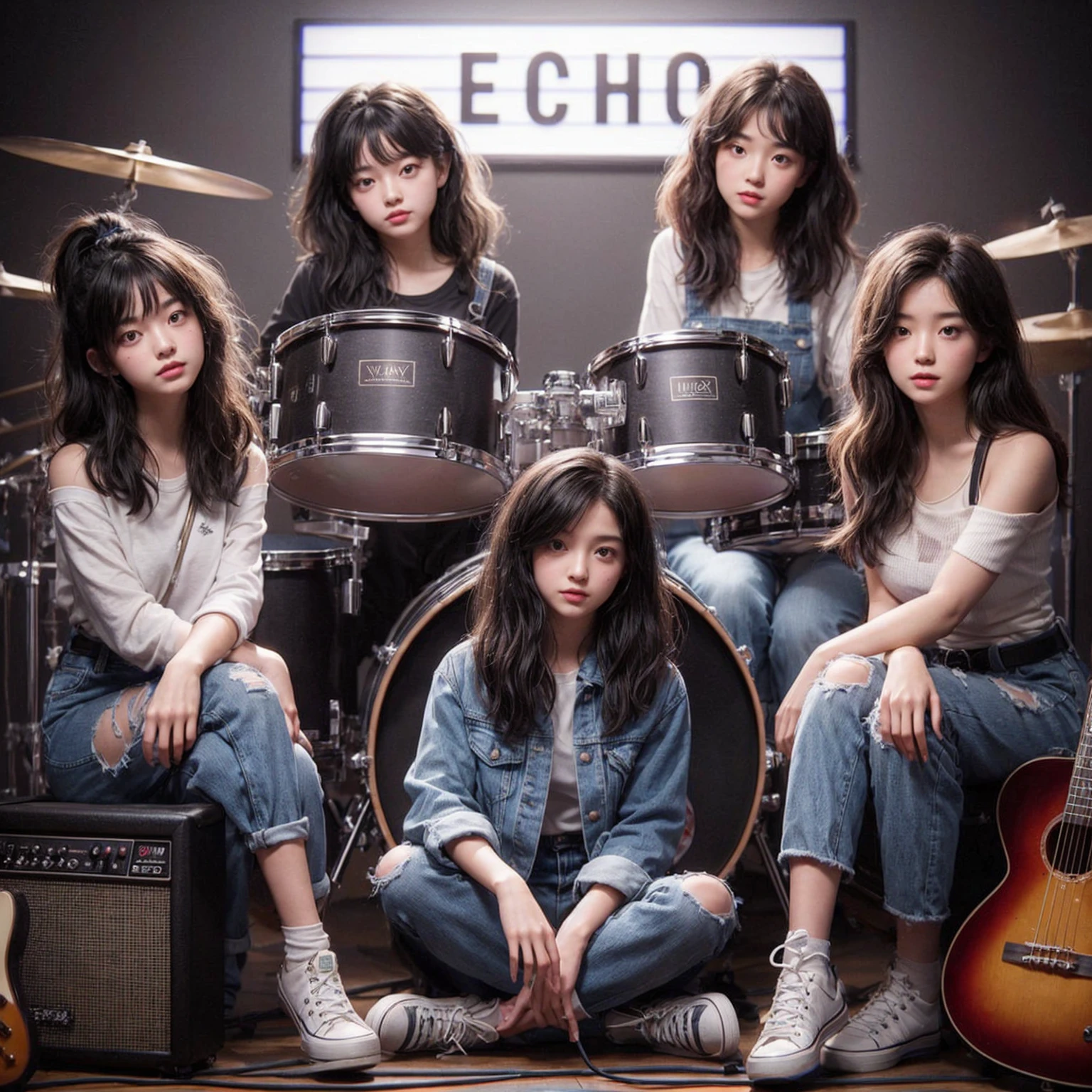 **Photo of 5 beautiful girls, aged 18 to 20, sitting:**

- **3 girls with messy black hair**
- **1 girl with wavy bob black hair**
- **1 girl with a black ponytail**

One girl is playing the drums, one girl is playing the piano, one girl is playing the bass guitar, one girl is playing the guitar, and one girl is singing. They are sitting behind a board with the word "ECHO" written on it. The background is a music studio, complete with drums, guitars, bass guitar, and piano. The image is ultra HD, 4k, photorealistic, raw, and a masterpiece.