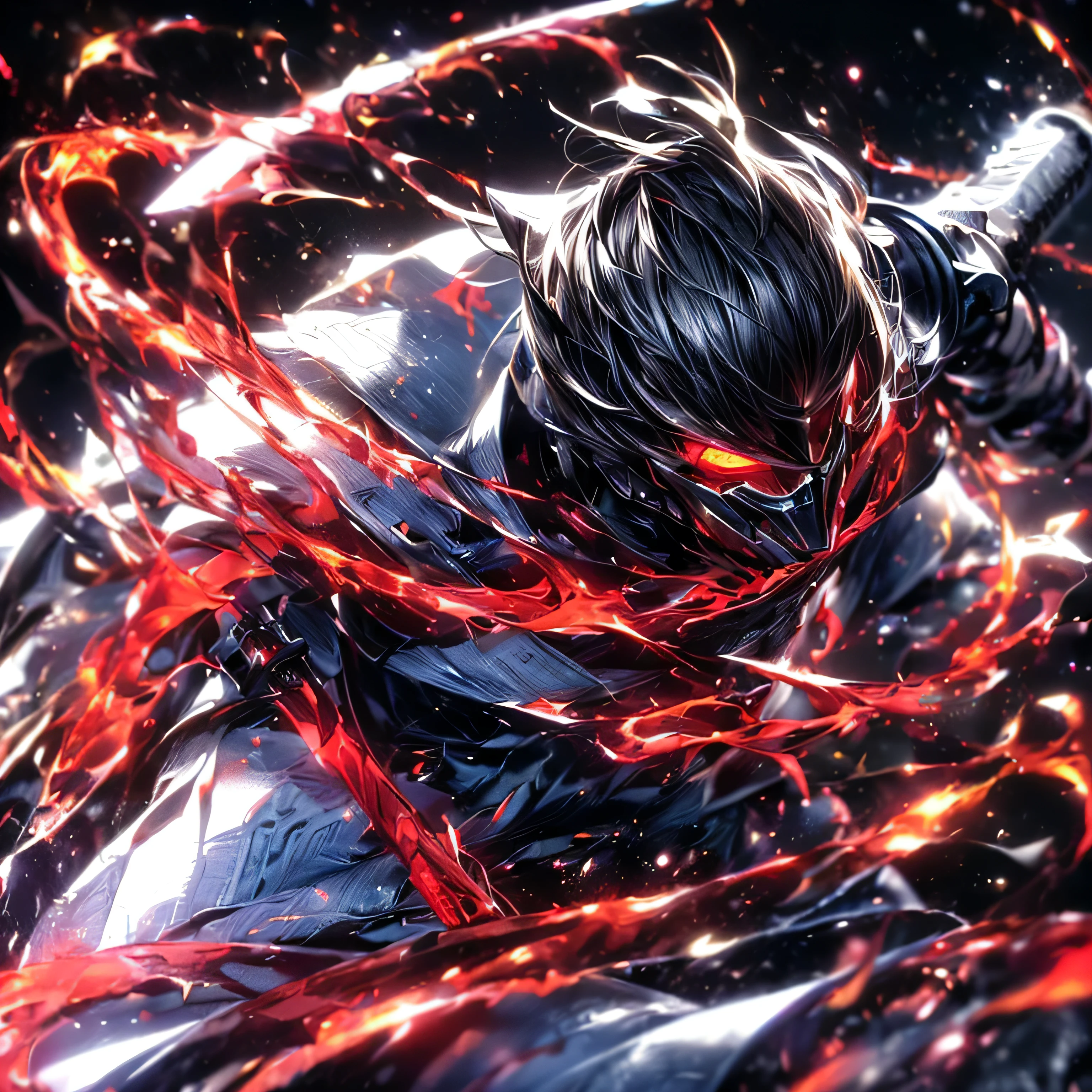 Create an illustration of Denji, protagonist of Chainsaw Man, in a detailed and dynamic art style. Denji is transformed, with head and arms shaped like sharp, shiny chainsaws. He is in an intense combat pose, with tense muscles and fierce expression, surrounded by debris from a recent battle. Use dramatic shadows and lighting to accentuate the dark and chaotic atmosphere around you, highlighting the details of the chainsaws and the bloodstains that add realism and intensity to the scene.