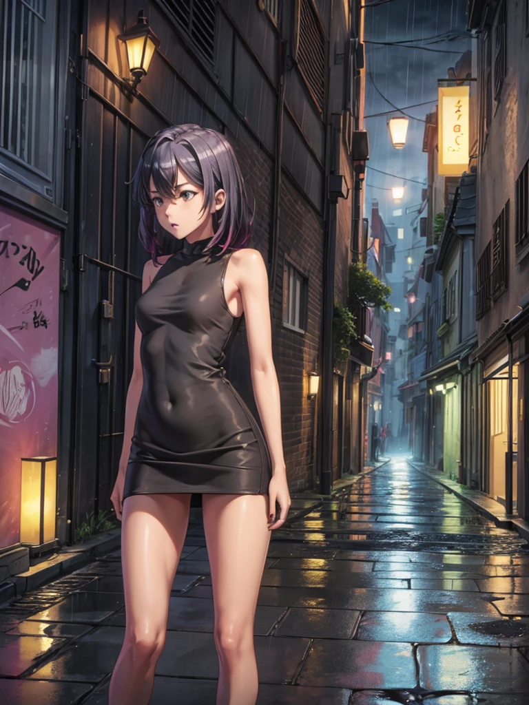 Girl, short tight dress, black thong, street background, openlegs, night, Narrow alley between houses, night, rain, slim body