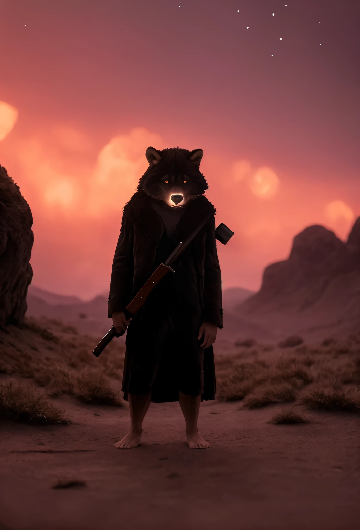 (((Barefoot furry character, full body, cinematic setting, furry male, plantigrade))) 

portrait, ((mysterious gunslinger)), ((holding smoking gun)), ((holding revolver)), long black fur, alone, strange, surreal, desolate, ghostly, eerie, lonely, solitude, short red cloak,red glowing eyes, fantastical, dangerous,night sky,red sky,  cinematic lighting, volumetric lighting, Film grain, cinematic film still, shallow depth of field, highly detailed, (western atmosphere), black cowboy hat

BREAK, intricate details, highly detailed, extreme detail, octane render, fine art, best quality, highres, (detailed face:1.5), ((full_body)), UHD, (((perfect hands))), low light