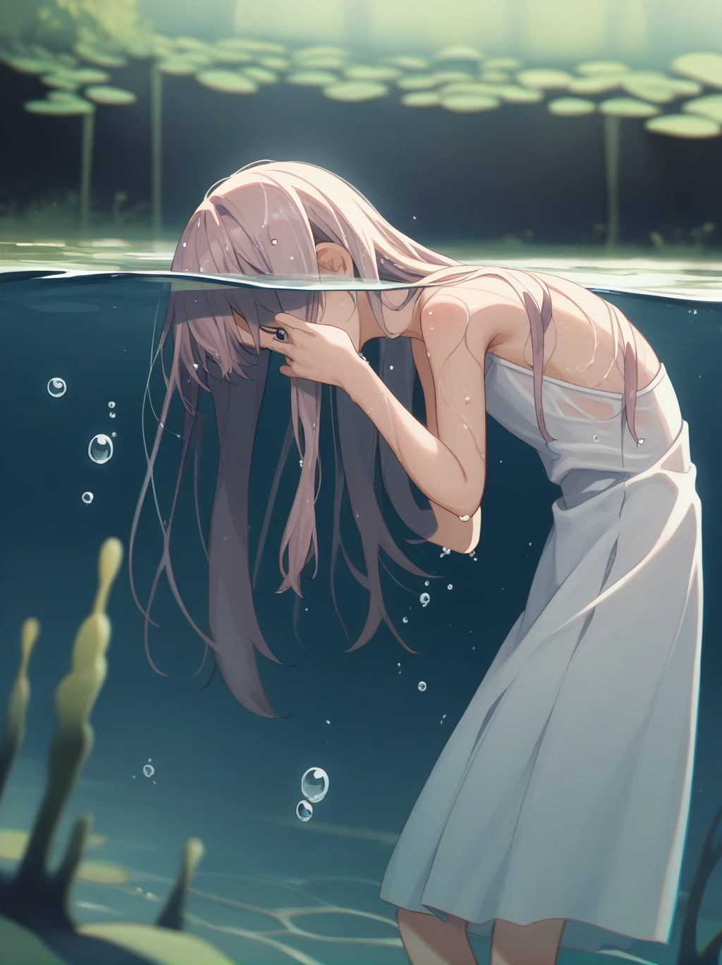  partially underwater, 
One Girl, Long Hair, Wet Hair,
White Dress, Swamp,
Dark Background, Blurred Edges,8-year-old、Adventurer、Flat Chest、Pitch-dark underground labyrinth、No light、skirt、Equipped with a dagger and a shield、Above the neck above the water、Body in water, Underwater Photography、浮力でskirtがめくれる