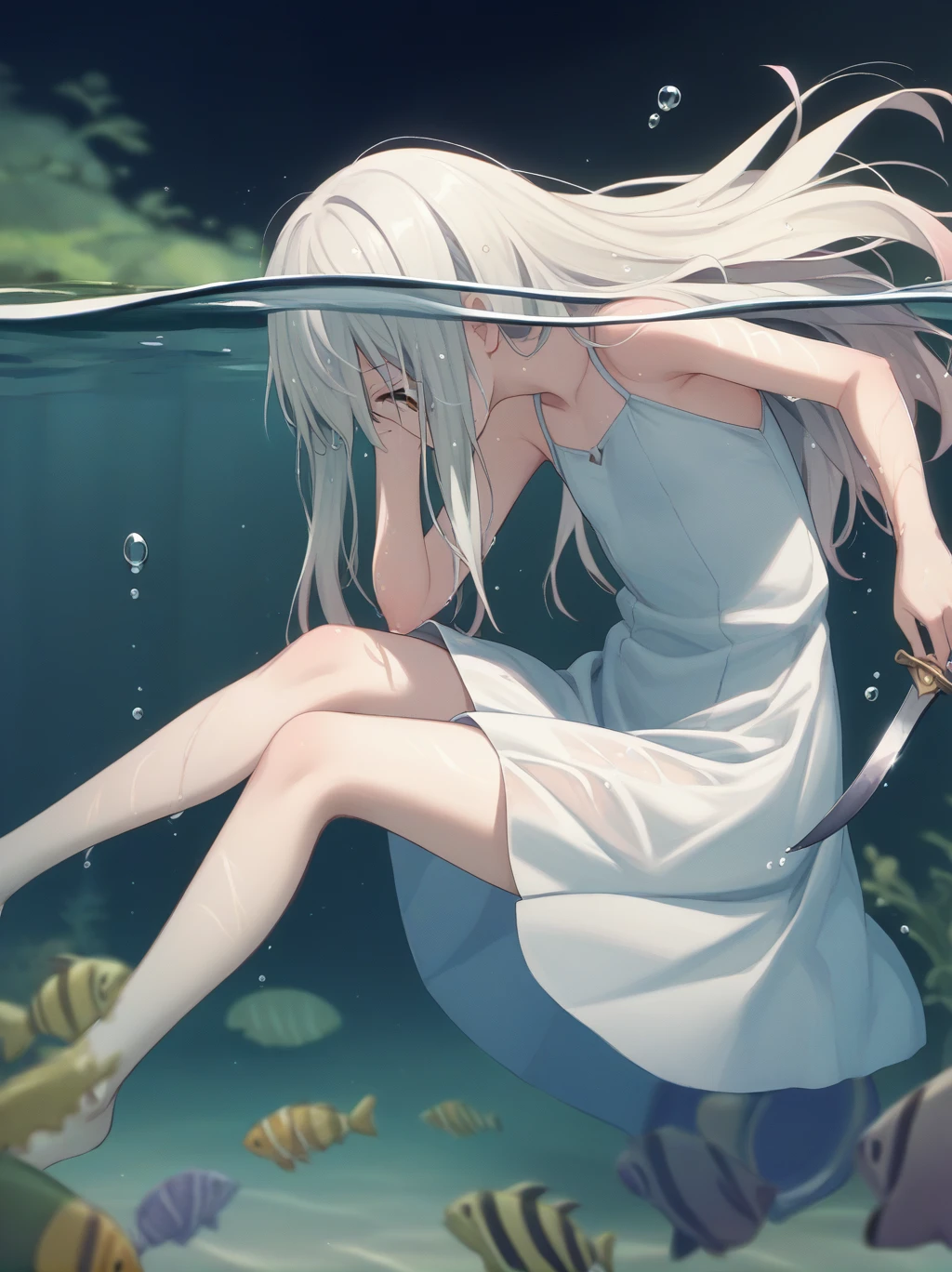  partially underwater, 
One Girl, Long Hair, Wet Hair,
White Dress, Swamp,
Dark Background, Blurred Edges,8-year-old、Adventurer、Flat Chest、Pitch-dark underground labyrinth、No light、skirt、Equipped with a dagger and a shield、Above the neck above the water、Body in water, Underwater Photography、浮力でskirtがめくれる