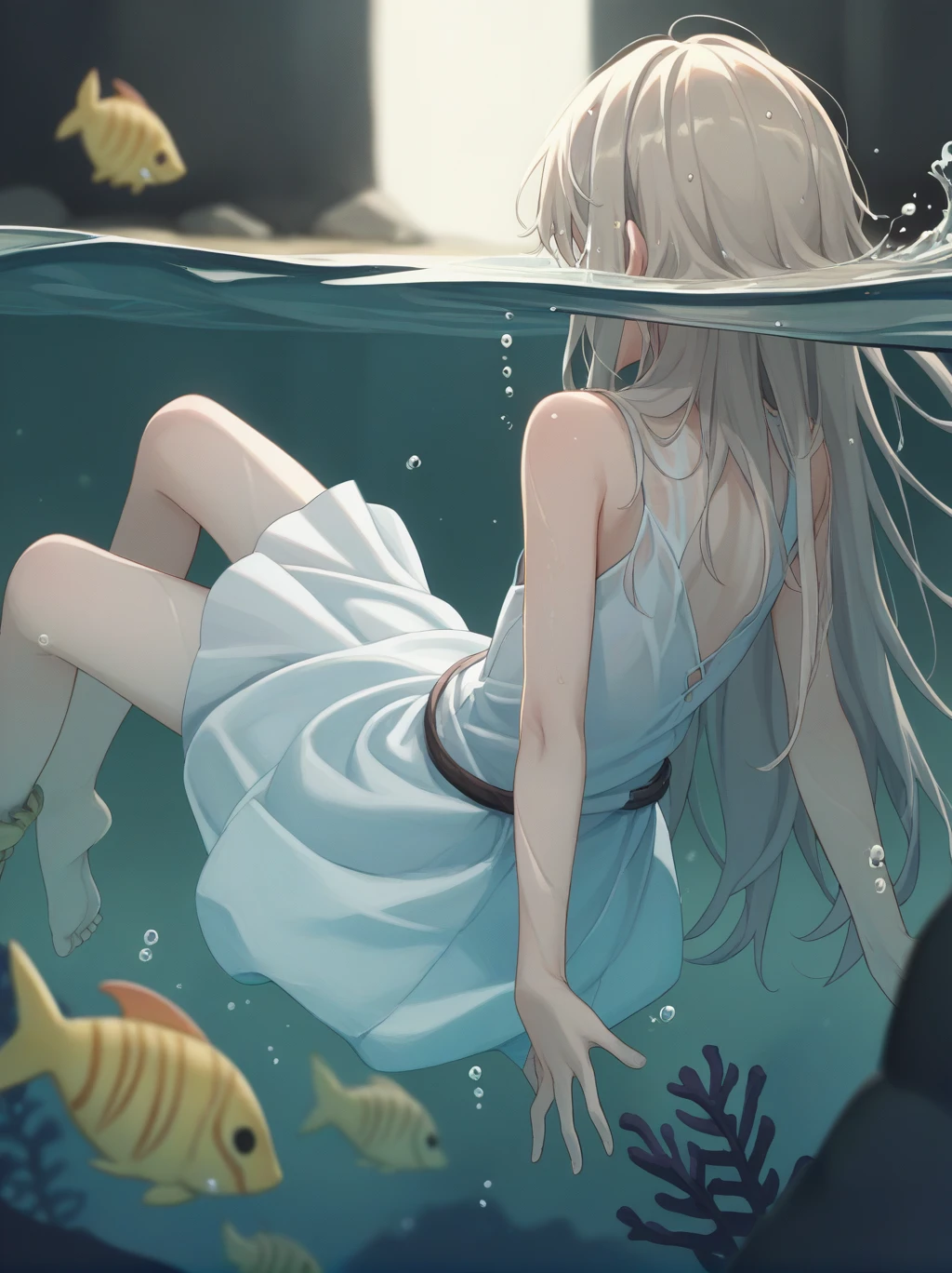  partially underwater, 
One Girl, Long Hair, Wet Hair,
White Dress, Swamp,
Dark Background, Blurred Edges,8-year-old、Adventurer、Flat Chest、Pitch-dark underground labyrinth、No light、skirt、Equipped with a dagger and a shield、Above the neck above the water、Body in water, Underwater Photography、浮力でskirtがめくれる