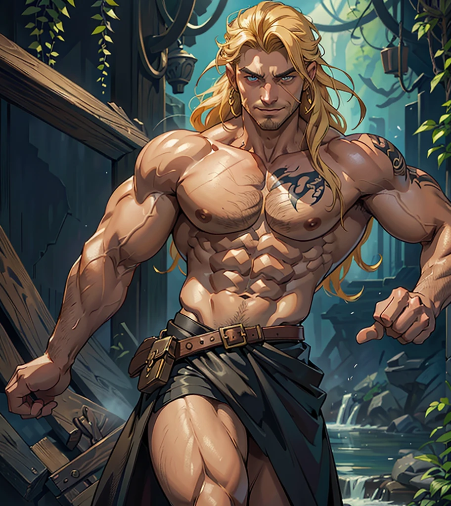 (((Single character image.))) (((1boy))) (((Luxurious hair and sexy smirk.))) (((18 years old.))) (((18yo.))) Very sexy. Stud. ((This character has a body that inspires lust.))) (((He looks very rowdy and tough.))) (((Alpha male body.))) Generate a charismatic and attractive man in a high fantasy realm. He should exude rugged, dashing charm. Dresses like a D&D character. Long blond hair. This character must embody thrilling and exciting qualities, but his arrogance should be evident in his posture and expression.His attire should be a dazzling blend of high fantasy aesthetics, revealing a captivating, rugged bravado style that mirrors his exciting personality. Looks like an MMA fighter redesigned as a fantasy character. Long flowing hair and tattoos. Capture the essence of a character who thrives on the thrill of the unknown, the exciting hero of epic tales, and the enigmatic heartthrob that leaves an indelible mark on the fantasy landscape. fantasy NPC, ultra detailed, epic masterpiece, ultra detailed, intricate details, digital art, unreal engine, 8k, ultra HD, centered image award winning, fantasy art concept, digital art, centered image, flirting with viewer, best quality:1.0,hyperealistic:1.0,photorealistic:1.0,madly detailed CG unity 8k wallpaper:1.0,masterpiece:1.3,madly detailed