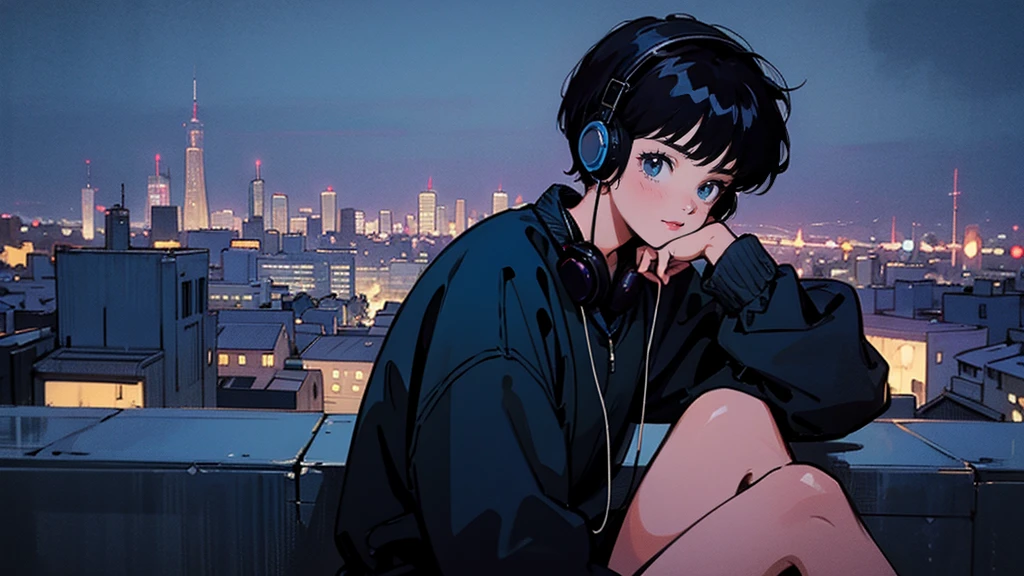 Black short Hair, Black Clothing, One Adult Woman Looking Sideways ,Blue headphones、 City of night, Delicate background、Masterpiece、Night Town、night、dark、Nostalgic、