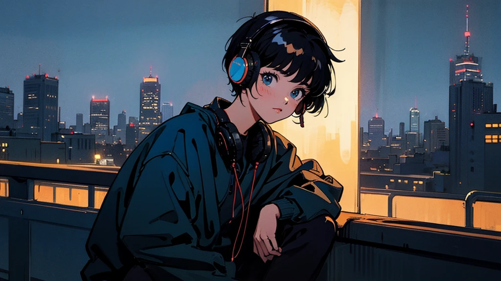 Black short Hair, Black Clothing, One Adult Woman Looking Sideways ,Blue headphones、 City of night, Delicate background、Masterpiece、Night Town、night、dark、Nostalgic、