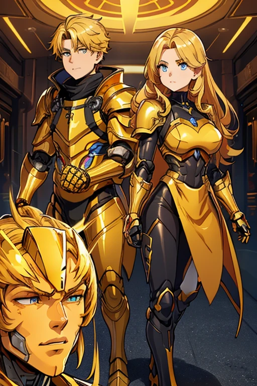 female, golden yellow body, brown mane, blue eyes, robotic, robot, (((1boy))), (((golden yellow metal armor))), (black clawed cybernetic gauntlets), (black cybernetic boots)