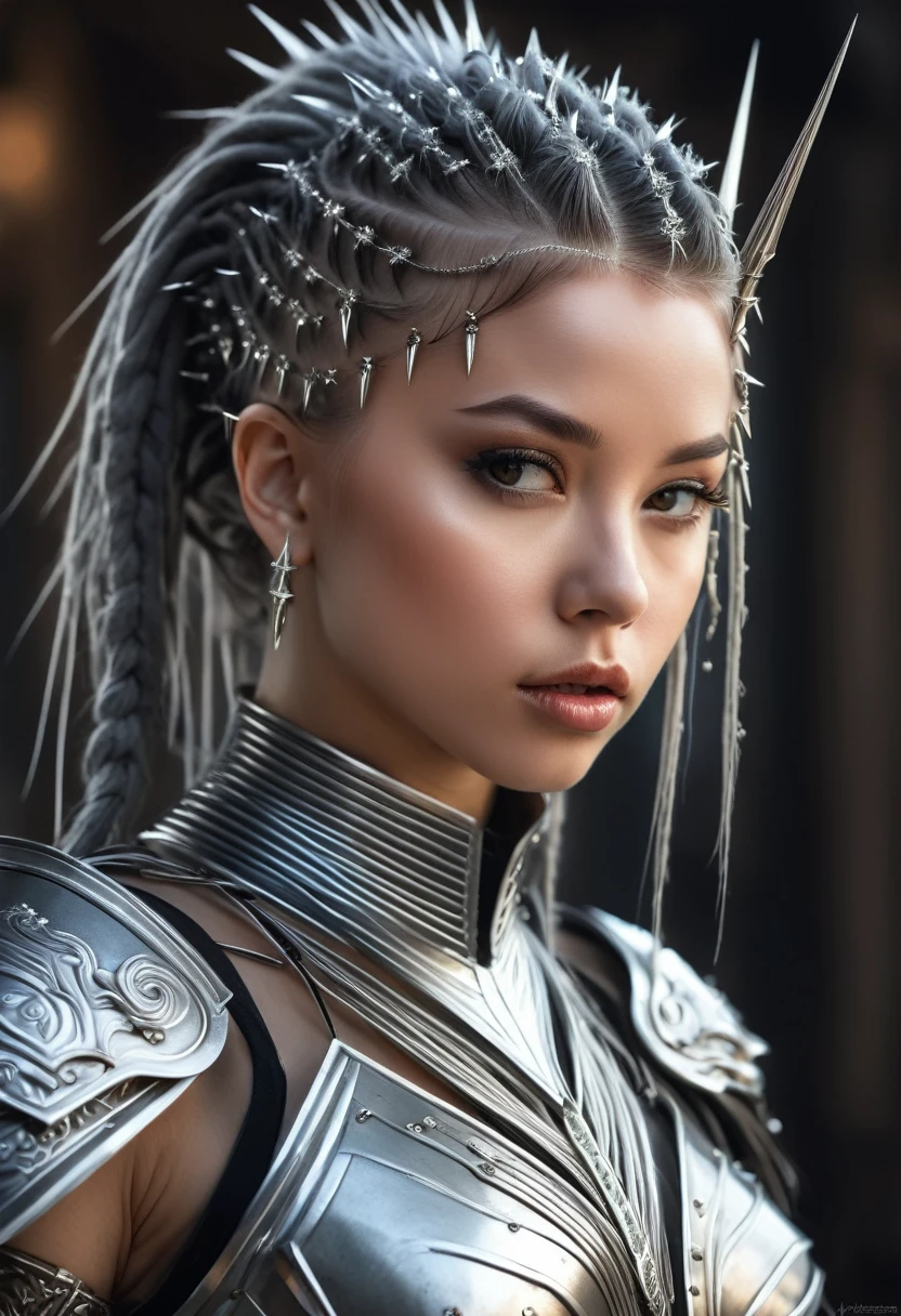 a hyper realistic photo portrait of  (woman), in delicate armor of silver, hair combed back, decorated with silver spikes, (dreadlocks with silver thread decorated with silver spikes)), sharp focus, intricate, elegant, digital painting, artstation, matte, highly detailed, concept art,face in focus,  artistic cinematography, aerial photography, overdetalization, fashion photography, dynamic pose
background blurred, ambient lighting, art by Ilya Kuvshinov, artgerm, Alphonse Mucha and greg rutkowski, ((by Stefan Gesell))
