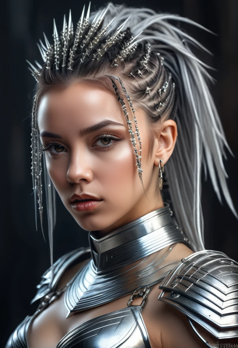 a hyper realistic photo portrait of  (woman), in delicate armor of silver, hair combed back, decorated with silver spikes, (dreadlocks with silver thread decorated with silver spikes)), sharp focus, intricate, elegant, digital painting, artstation, matte, highly detailed, concept art,face in focus,  artistic cinematography, aerial photography, overdetalization, fashion photography, dynamic pose
background blurred, ambient lighting, art by Ilya Kuvshinov, artgerm, Alphonse Mucha and greg rutkowski, ((by Stefan Gesell))
