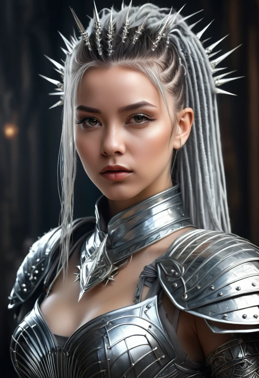 a hyper realistic photo portrait of (woman), in delicate armor of silver, hair combed back, decorated with silver spikes, (dreadlocks with silver thread decorated with silver spikes)), sharp focus, intricate, elegant, digital painting, artstation, matte, highly detailed, concept art,face in focus, artistic cinematography, aerial photography, overdetalization, fashion photography, dynamic pose
background blurred, ambient lighting, art by Ilya Kuvshinov, artgerm, Alphonse Mucha and greg rutkowski, ((by Stefan Gesell))
