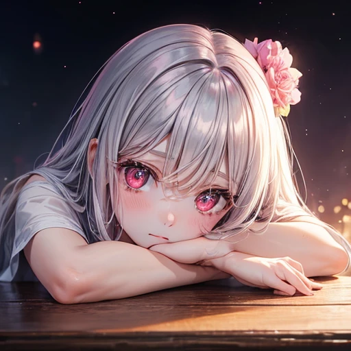 Be a pink-skinned girl, Beautiful Eyes (Red eyes) Deep as the night sky, Half a sad face lying on a table, Gray Hair, I'm watching you, In anime/Semi-realistic art style