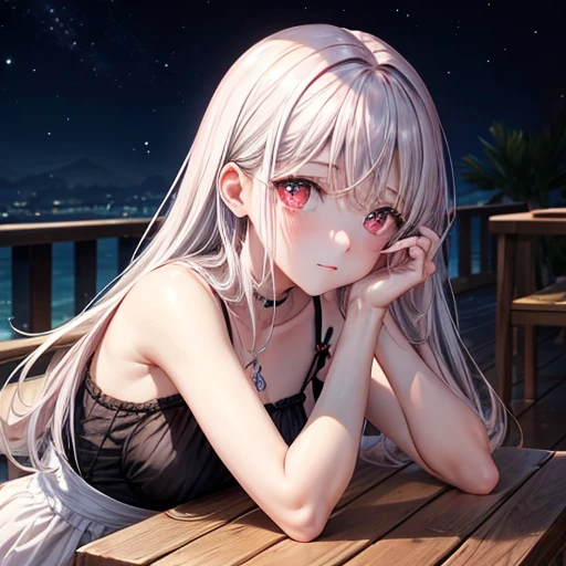 Be a pink-skinned girl, Beautiful Eyes (Red eyes) Deep as the night sky, Half a sad face lying on a table, Gray Hair, I&#39;m watching you, In anime/Semi-realistic art style  