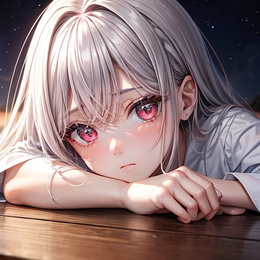 Be a pink-skinned girl, Beautiful Eyes (Red eyes) Deep as the night sky, Half a sad face lying on a table, Gray Hair, I&#39;m watching you, In anime/Semi-realistic art style  