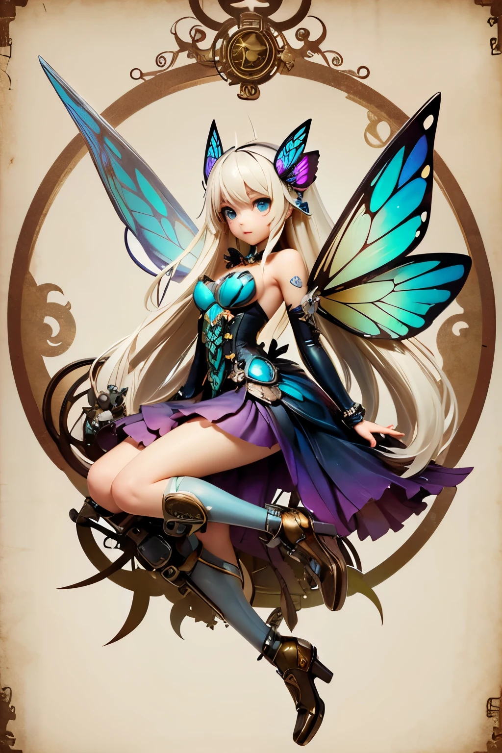 (highest quallity:1.3)。Steampunk。Mechanical fairy。long platinum blonde hair。Beautiful butterfly wings。