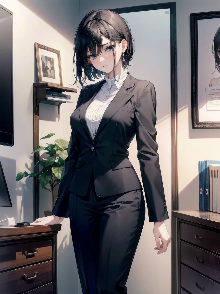 absurdres, RAW photo, extremely delicate and beautiful, masterpiece, Best Quality, ultra high resolution, 32k, hyperrealistic, ultra-detailed, in her 20s, delicate facial features, tearful mole, earring, medium breasts, full body shot, shorter middle hair, black hair, ((office lady suit)), blazer,