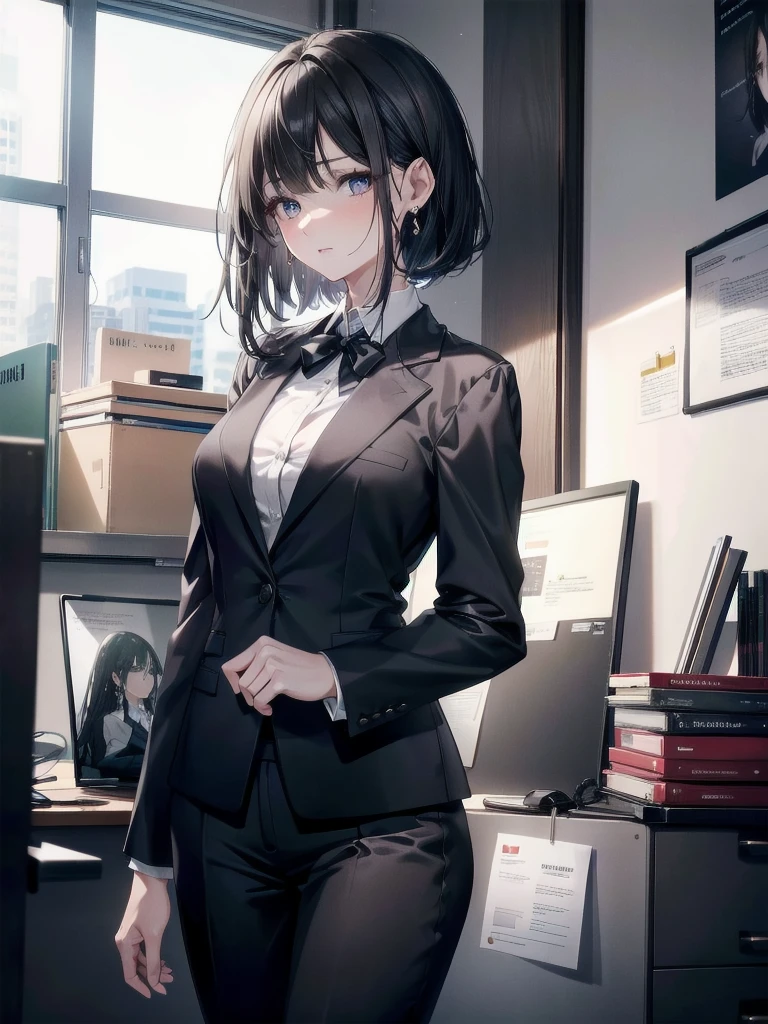 absurdres, RAW photo, extremely delicate and beautiful, masterpiece, Best Quality, ultra high resolution, 32k, hyperrealistic, ultra-detailed, in her 20s, delicate facial features, tearful mole, earring, huge breasts, ((full body shot)), shorter middle hair, black hair, ((office lady suit)), blazer,