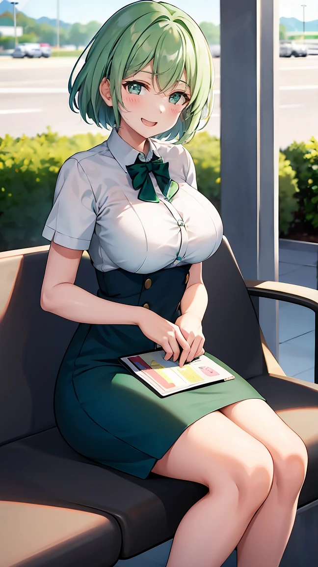 Girl with short green hair, Small size breasts,、Green Eyes, 、,Full body photo from head to toe、stewardess、airport、、A big smile、Uplifting、The best smile、Currently serving customers、work、飛行機の機内work、