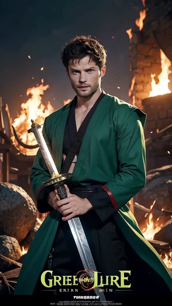 Jamie dornan in A poster of a man holding a sword in front of a fire, Lufy, An anime cover, Green fire, offcial art, Anime epic artwork, glowing green soul blade, anime key art, key art, Official anime artwork, Anime a poster, Otaku Gangasta, Key anime art, anime movie poster, official anime key visual, epic anime