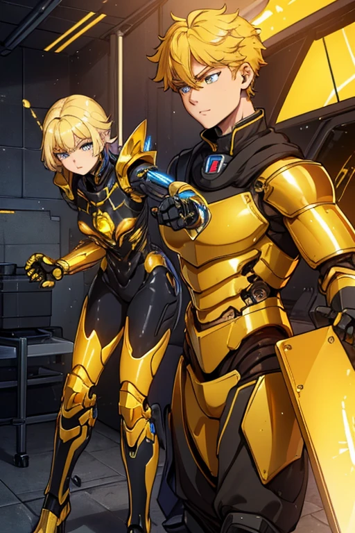 female, golden yellow body, blue eyes, robotic, robot, (((1boy))), (((golden yellow metal armor))), (black clawed cybernetic gauntlets), (black cybernetic boots), male