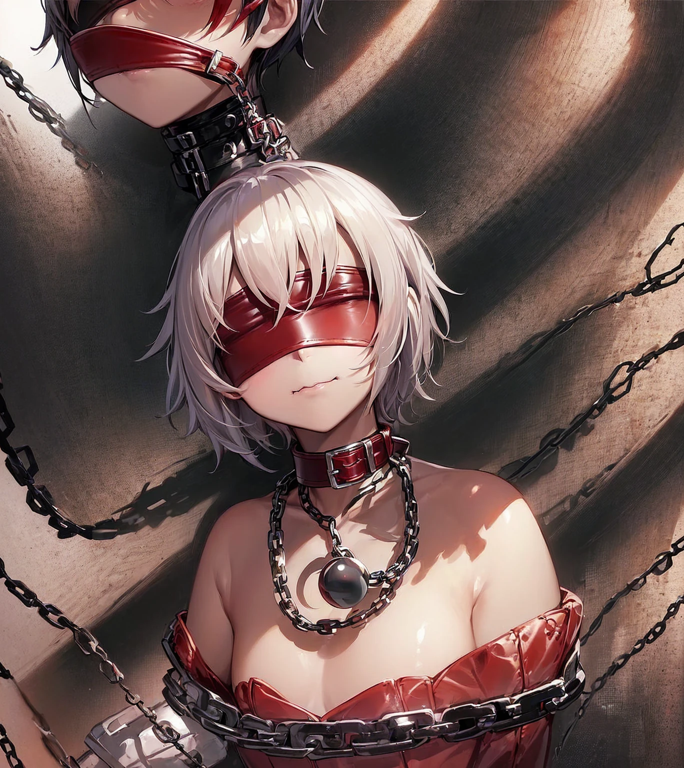 ((Slave Collar)),((Chain)),(((ball gag))),((((red Leather blindfold)))),Luxurious,((Very short hair)),Are sleeping,Cute little ,Tiny ,Small girl,,Childish face, Very fine clean face,Top quality, Subtle light, Soft lighting,Light from directly behind, With bust up,Front view,prison