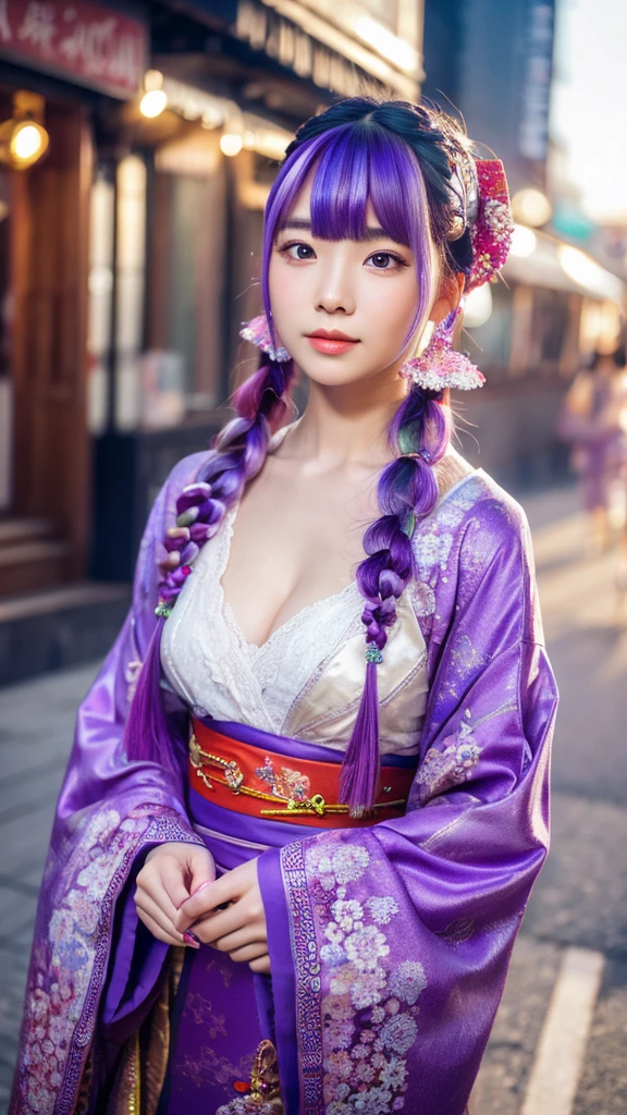 One girl, Blunt bangs, Braiding, Wide sleeves, hair ornaments, kimono, Says Obi, (Purple Hair:1.2), Very long hair, Straight hair, View your viewers, Highly detailed background, (Photo Real:1.2), Fine grain, Red eyeshadow, Depth of written boundary,thigh, (Urzan-6500:0.7), Upper Body, (alone:1.2), (Cyberpunk City:1.1), Cleavage, (Put your finger on your lips:1.1),Shiny skin