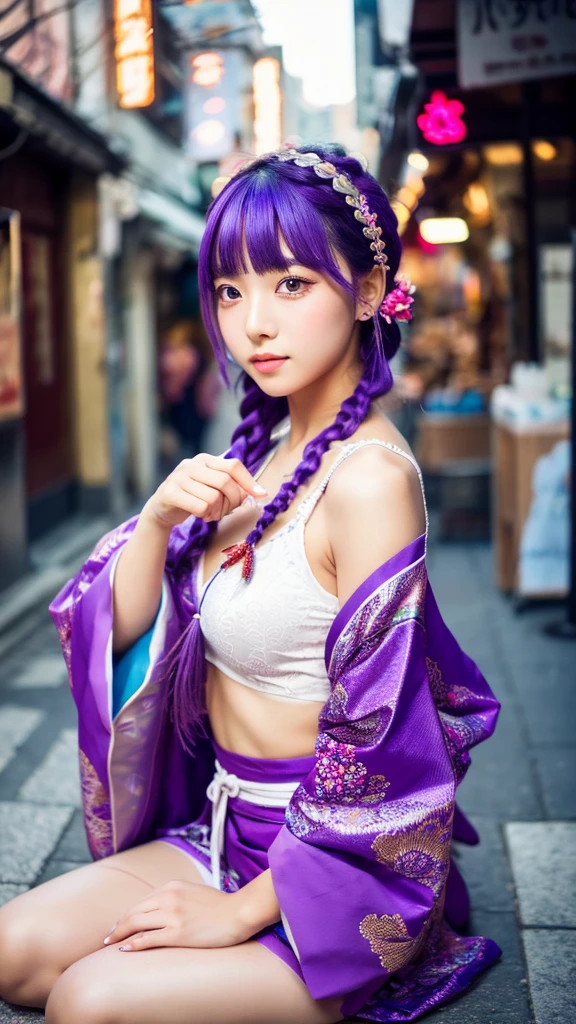 One girl, Blunt bangs, Braiding, Wide sleeves, hair ornaments, kimono, Says Obi, (Purple Hair:1.2), Very long hair, Straight hair, View your viewers, Highly detailed background, (Photo Real:1.2), Fine grain, Red eyeshadow, Depth of written boundary,thigh, (Urzan-6500:0.7), Upper Body, (alone:1.2), (Cyberpunk City:1.1), Cleavage, (Put your finger on your lips:1.1),Shiny skin