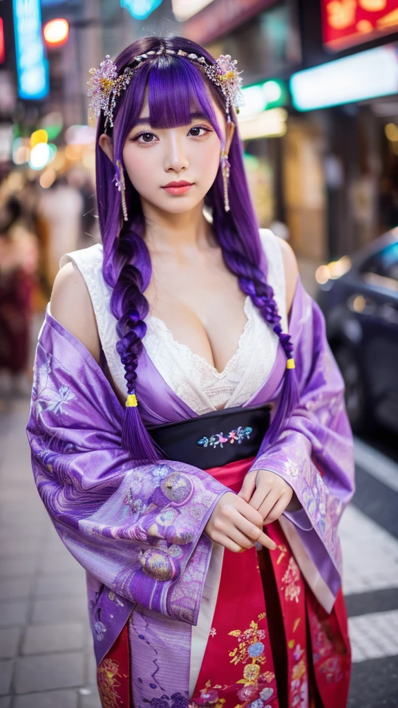1 girl, dull bangs, Braid, wide sleeve, hair ornaments, kimono, red belt, (purple hair:1.2), very long hair, straight hair, looking at the viewer, highly detailed background, (photo-realistic:1.2), fine eyes, red eyeshadow, Depth of bounds written,thigh, (Ulzzang-6500:0.7), Upper body, (alone:1.2), (cyberpunk city:1.1), cleavage, (put your finger on your lips:1.1),shiny skin