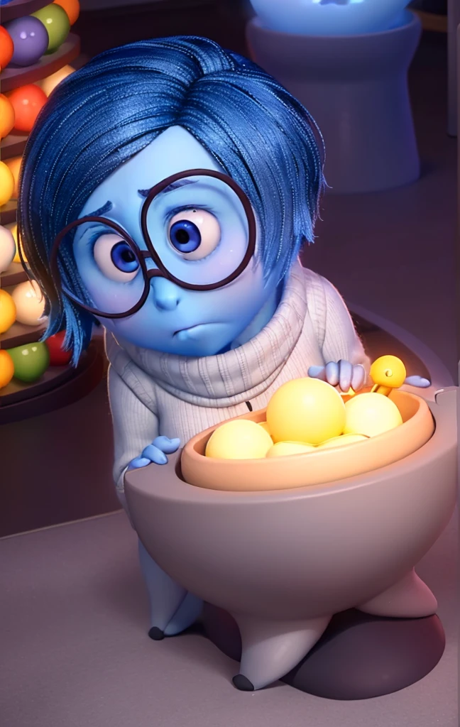 masterpiece, best quality, (Sadness_InsideOut , white turtleneck, black-framed eyewear,  glasses, sadness ),   colored glowing spheres, pixar, cartoon, 3d render, sfw, 