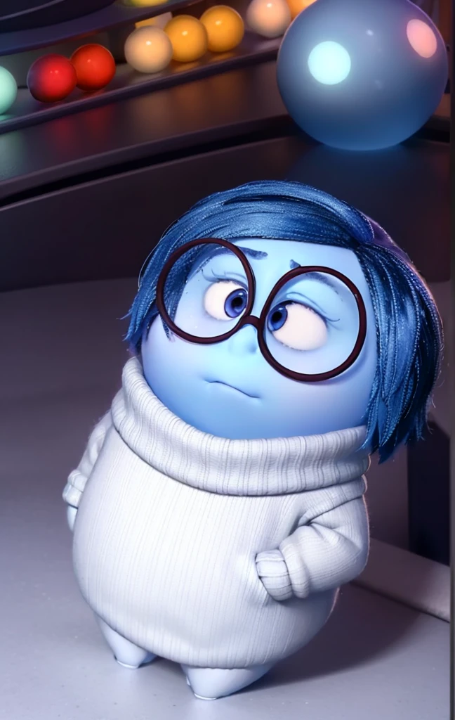 masterpiece, best quality, (Sadness_InsideOut , white turtleneck, black-framed eyewear,  glasses, sadness ),   colored glowing spheres, pixar, cartoon, 3d render, sfw, 