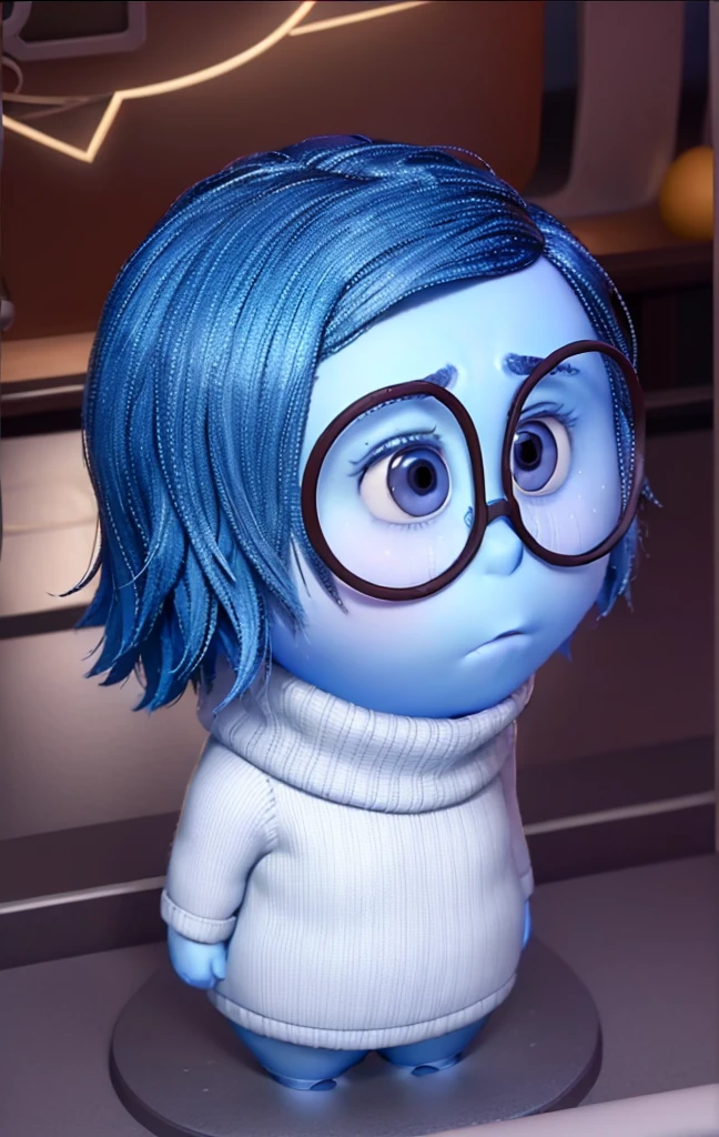 masterpiece, best quality, (Sadness_InsideOut , white turtleneck, black-framed eyewear,  glasses, sadness ),   colored glowing spheres, pixar, cartoon, 3d render, sfw, 