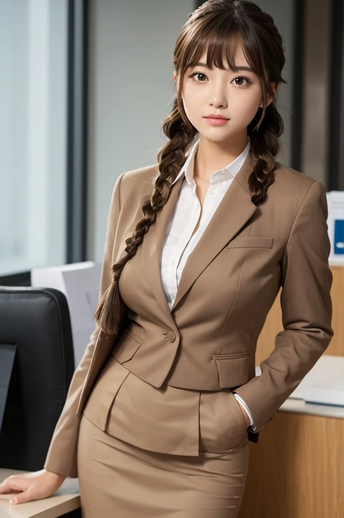 masterpiece, best quality, 1 girl, solo, ager, large breasts, light brown eyes, bangs, brond hair, braids hair, office staff suit, jacket, pencil skirt, upper body, standing, office