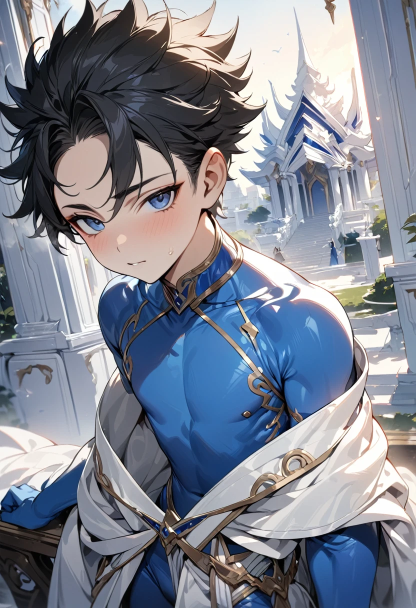 high quality,(best quality,4K,a high resolution,masterpiece:1.2),super detailed,(1 boy),(solo),juvenile,(Male juvenile),handsome and cute boy,black hair, spiked hair,blue bodysuit ,Single photo,the white temple of light,magnificent palace background,Wearing a white cape behind